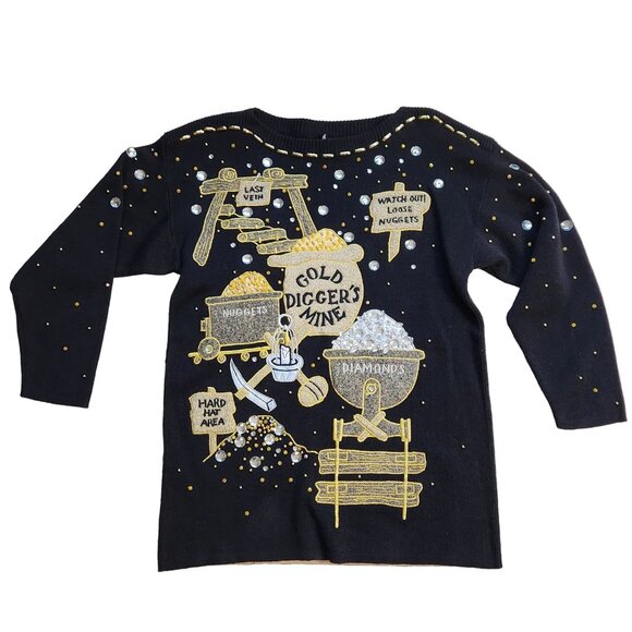 Vintage 1980s Medium Black & Gold Beaded Gold Digger Novelty Sweater Tunic Top - Picture 2 of 4